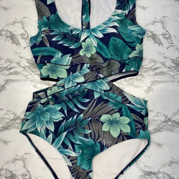 Floral Tropical Green One-Piece Swimsuit side cutouts Size Large - Picture 6 of 11